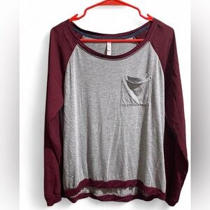 Grey and Burgundy Raglan Long Sleeve Top with Sheer Sleeves